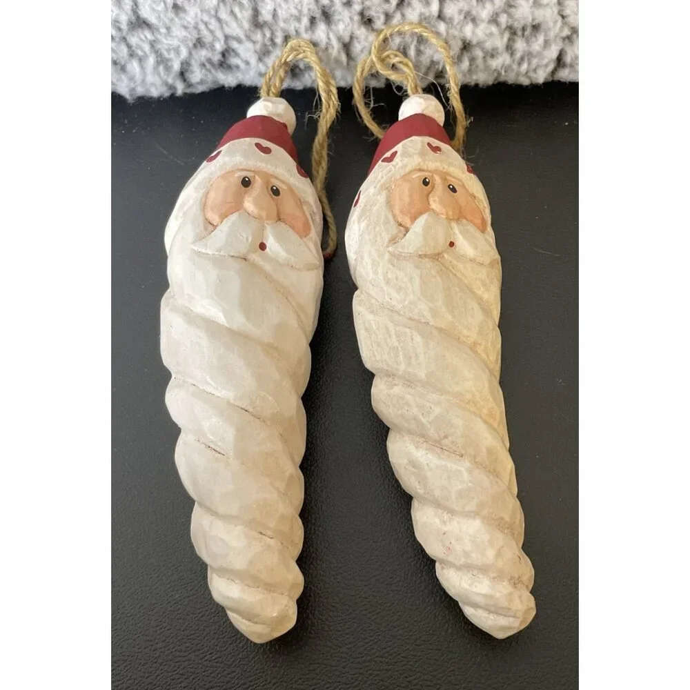 Wood Style Spiral Shaped Santa Claus Holiday Christmas Ornaments Set Of 2 Hearts
